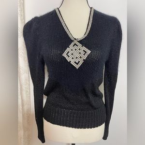 Vintage Ludmila black diamond rhinestone v neck sexy sweater